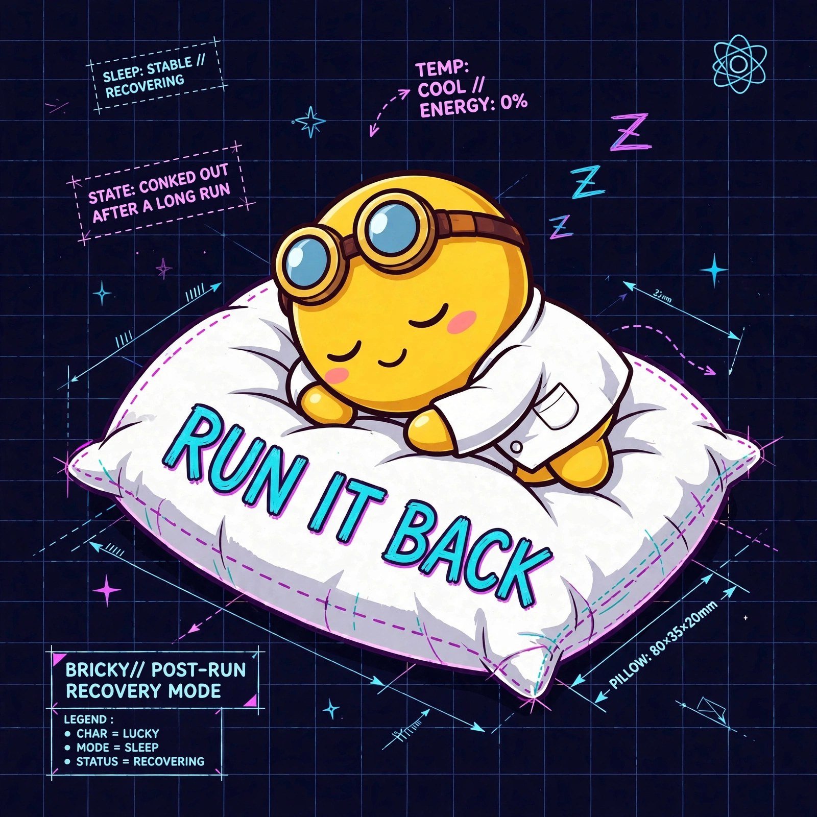 Bricky asleep on a RUN IT BACK pillow
