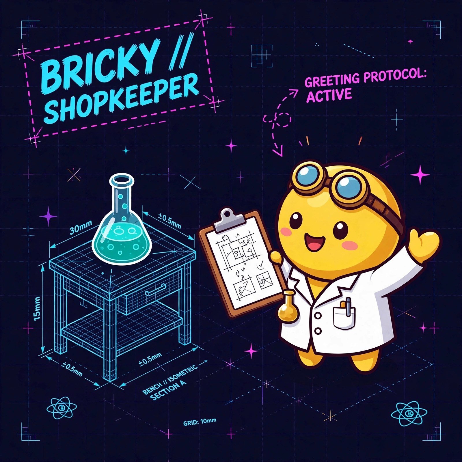 Bricky the shopkeeper with a clipboard