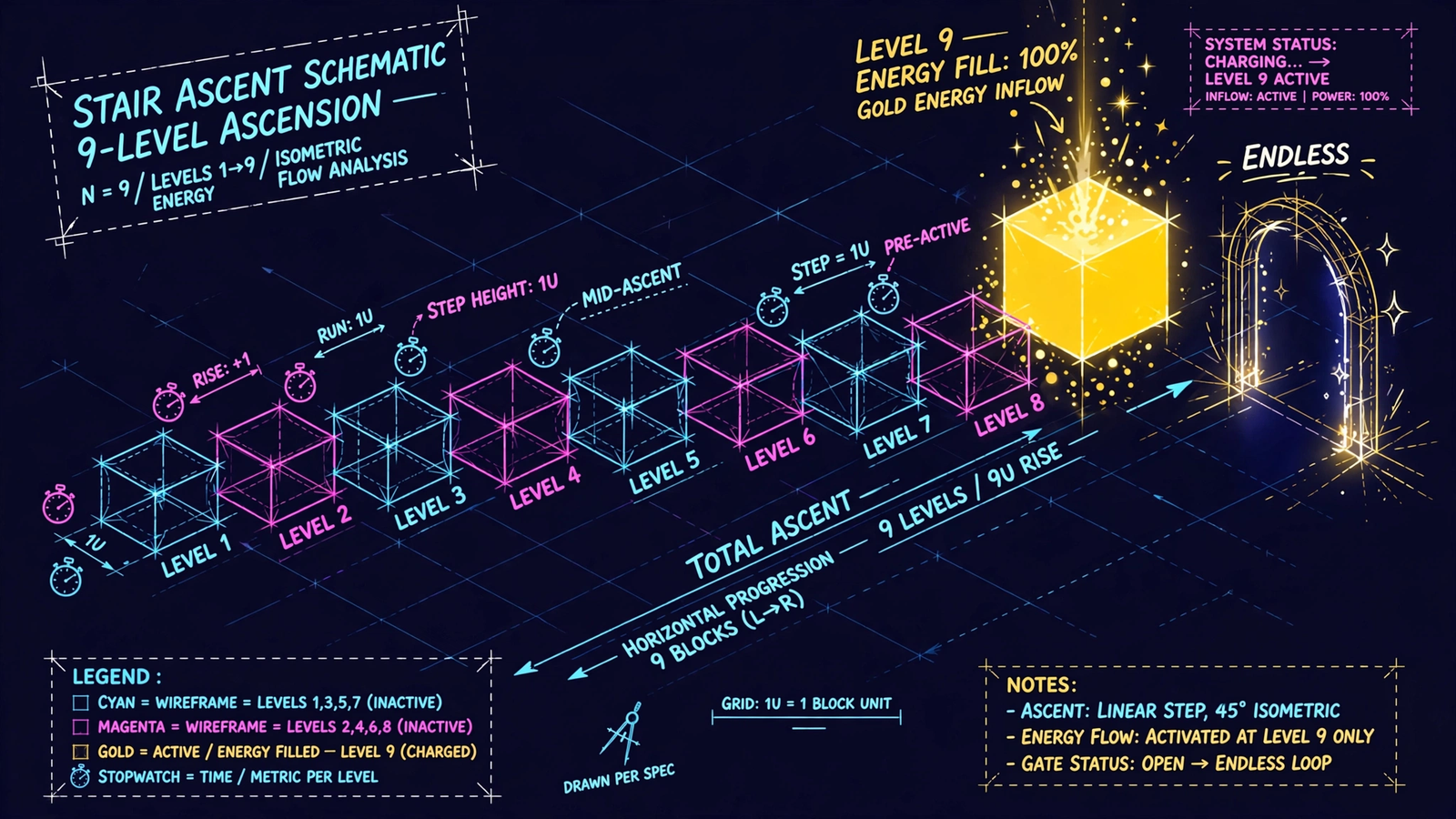 Level 1 to 9 race schematic with the ENDLESS gate
